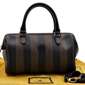 FENDI Pequin 2Way Hand Boston Bag PVC Leather Brown Black